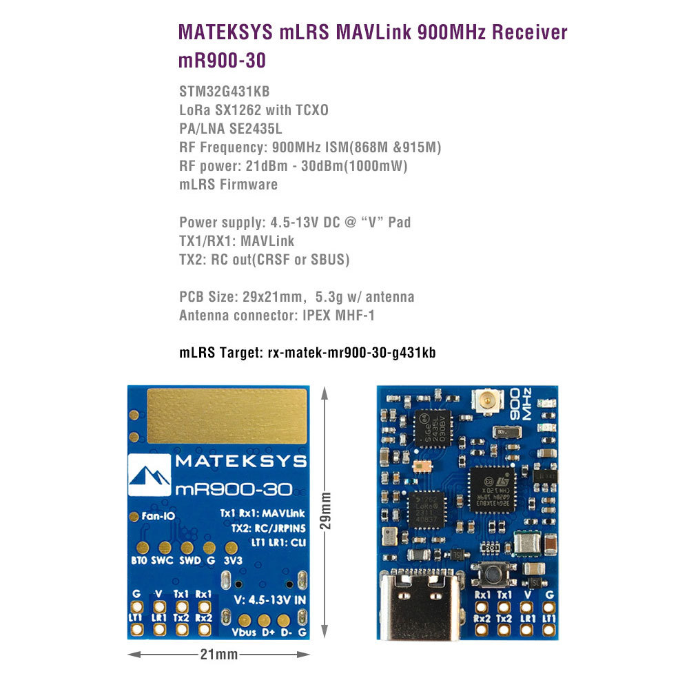 MATEK MLRS MAVLINK 900MHZ RECEIVER MR900-30 Module for RC Link FPV Drones - Image 2