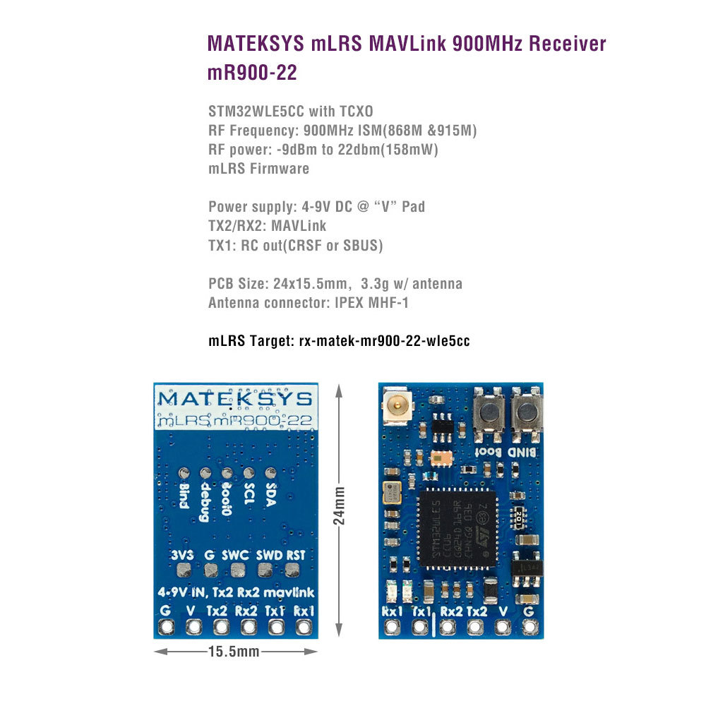 MATEKSYS MLRS MAVLINK 900MHZ RECEIVER MR900-22 dBm RF Power for Long Range FPV Systems - Image 2