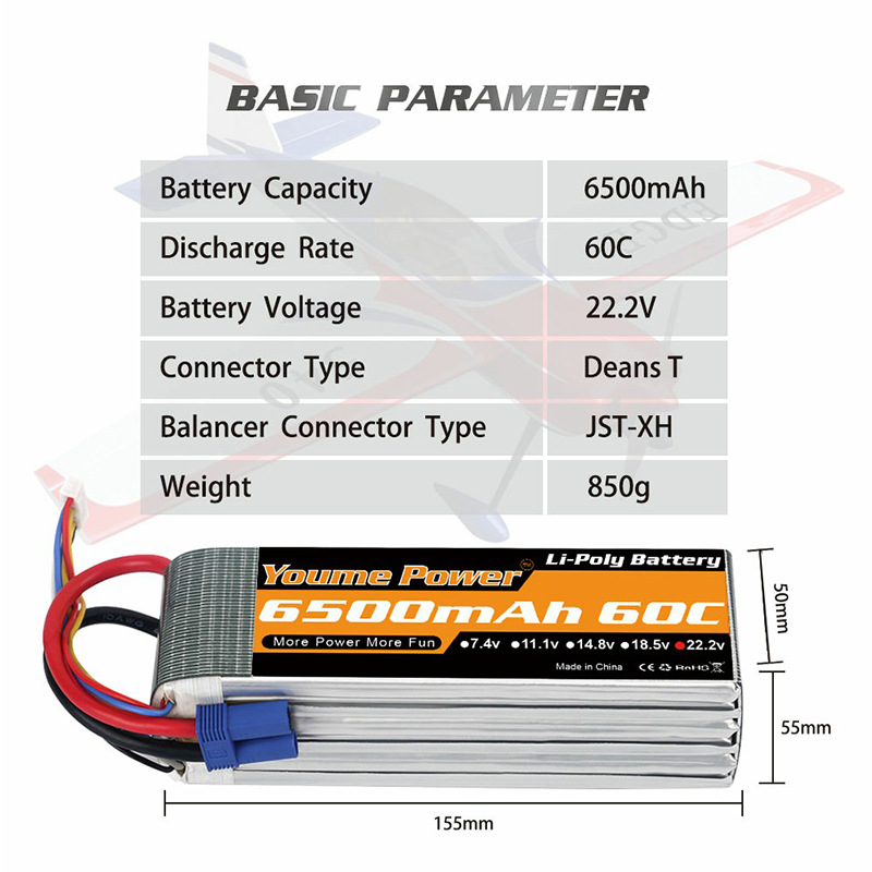 Youme Lipo Battery 6500mAh 2S 3S 4S 6S 7.4V 11.1V 14.8V 22.2V High Capacity FPV RC Drone UAV Multirotor - Image 3