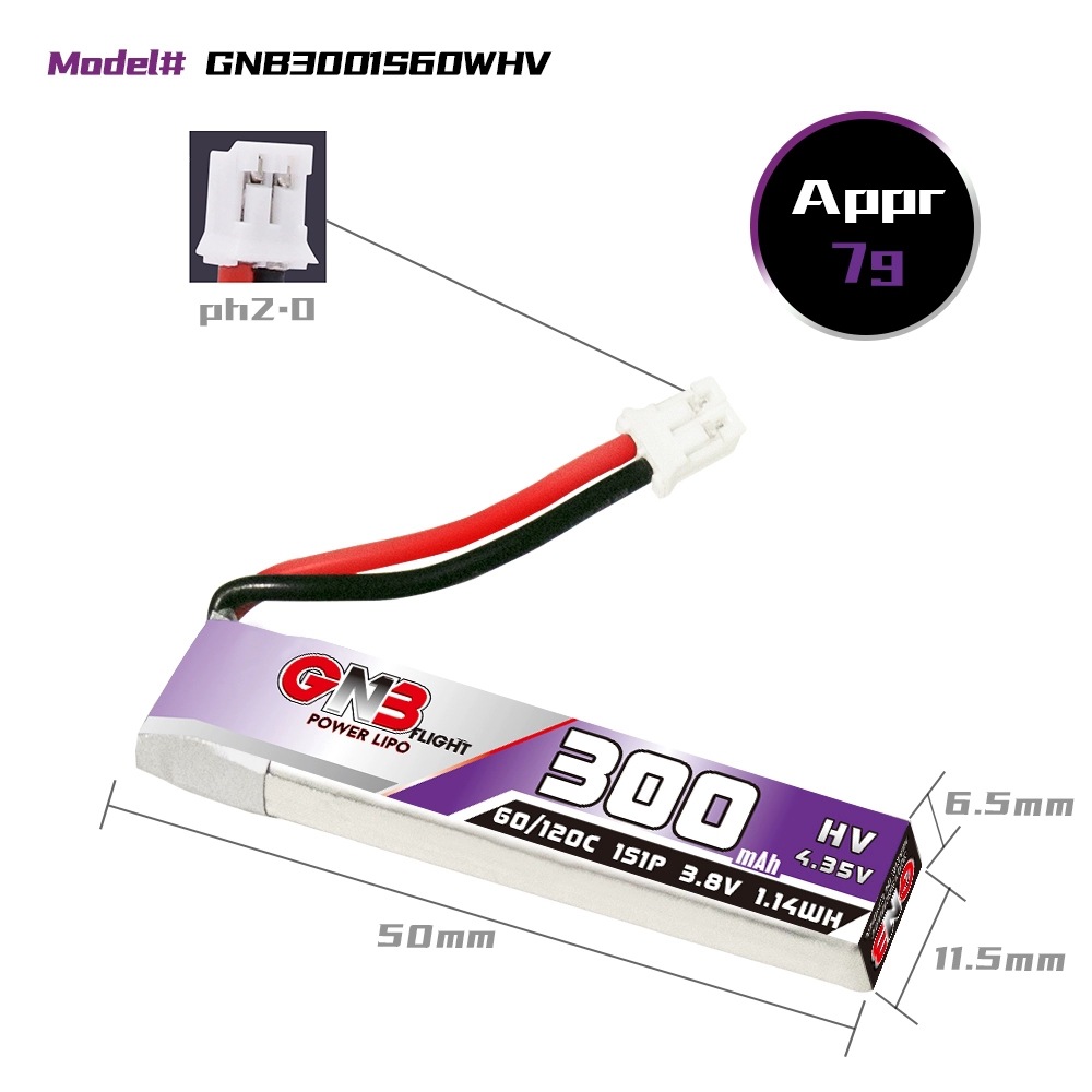 GNB High Energy 300mAh 1S 3 8V 60C Coreless Mini FPV Lipo Battery LiHV - Image 2