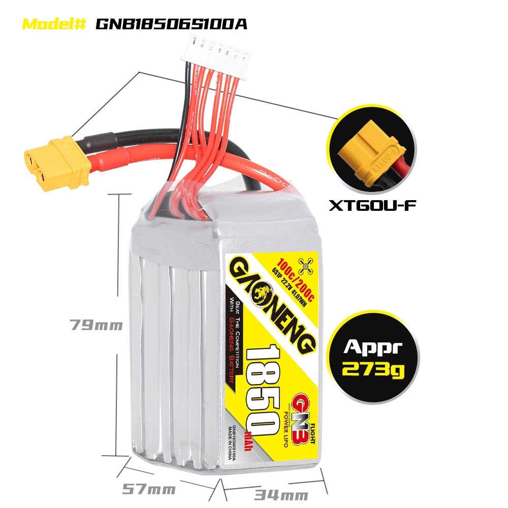 GNB High Energy 1850mAh 6S 22.2V 100C Lipo Battery for FPV Drones - Image 2
