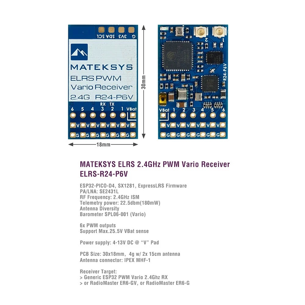 MATEK ELRS R24 P6V 24GHZ PWM Receiver with Barometer Model Aircraft FPV - Image 3