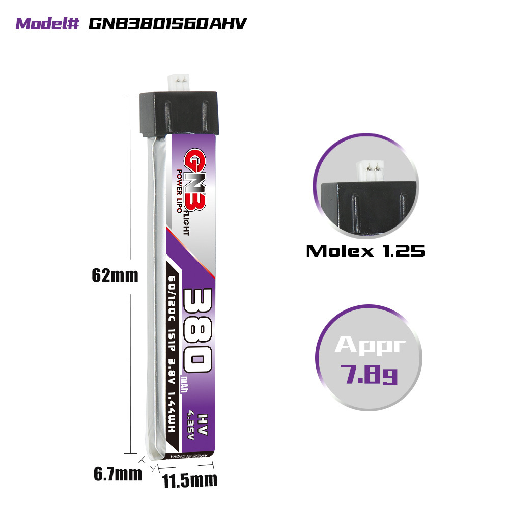 GNB High Energy 380mAh 1S 3 8V 60C HV Mini FPV Lipo Battery for Drone - Image 2