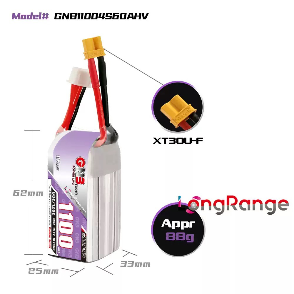 GNB High Energy 1100mAh 4S 152V 60C LiHV Long Endurance FPV Lithium Battery XT30 - Image 2