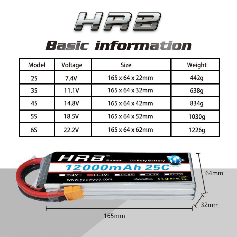 بطارية ليبو HRB بسعة 12000 مللي أمبير/ساعة، 2S إلى 6S، 25C مع موصل XT90 للطائرات النموذجية والتحكم عن بعد - Image 2