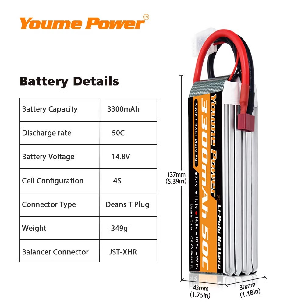 Акумулятор LiPo Youme 3300 мА·год 6S 50C для моделей літаків RC - Image 4