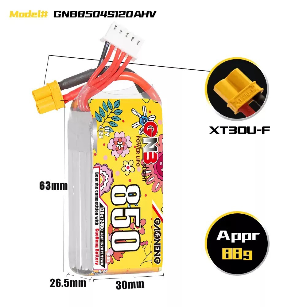 GNB High Energy 850mAh 4S 152V 120C HV Lipo Battery for FPV Drones - Image 2
