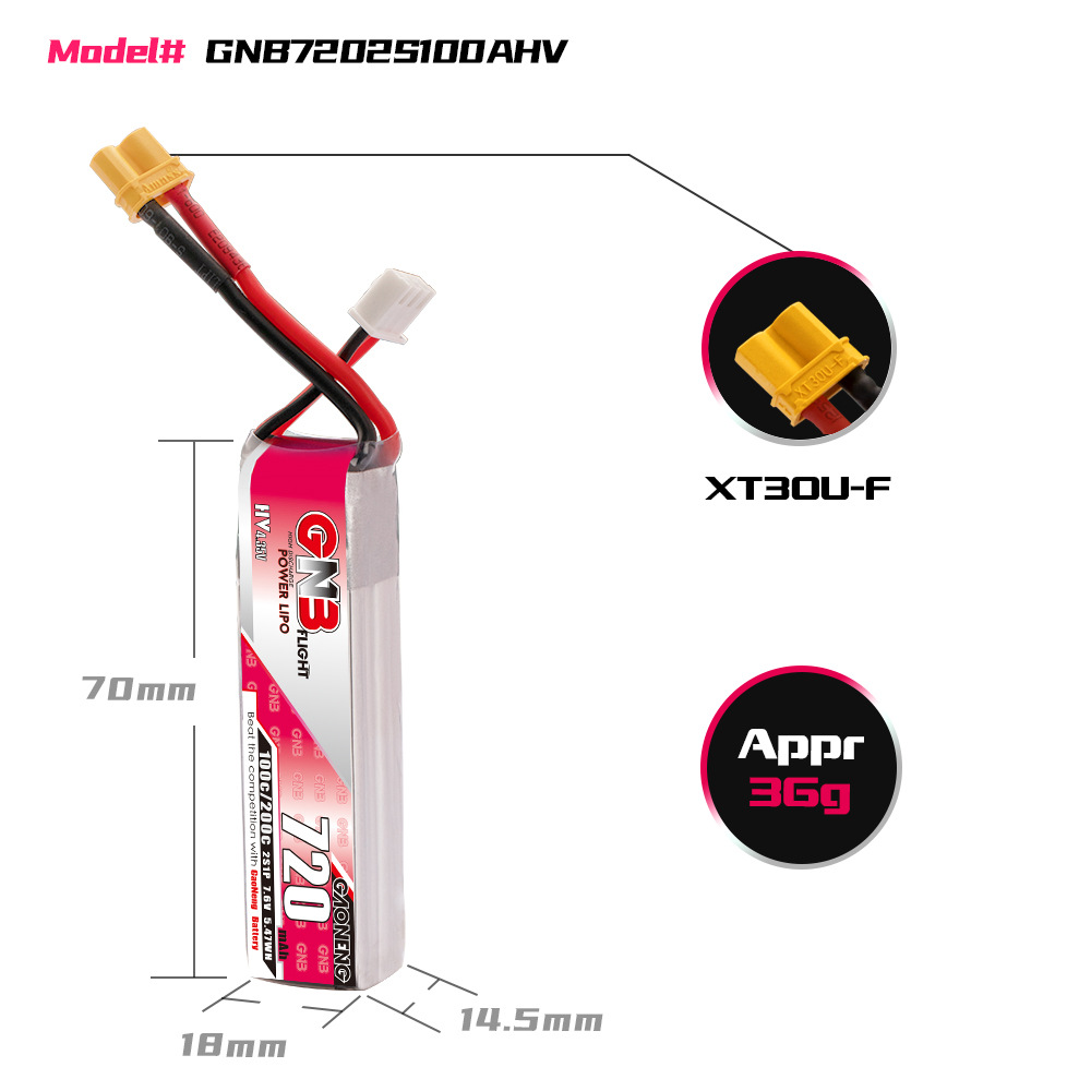 GNB High Energy 720mAh 2S 76V 100C LiHV FPV Strong Power Lithium Battery XT30 Plug - Image 2