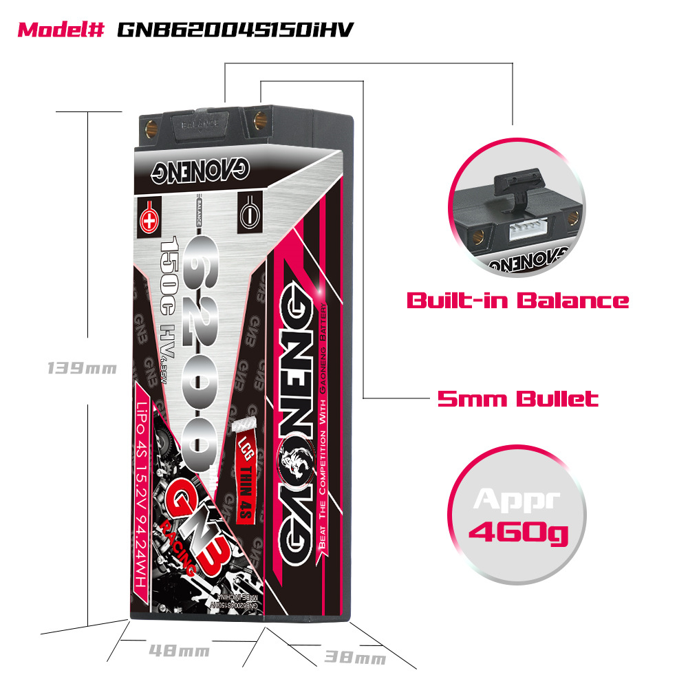 GNB High Energy 6200 mAh 4S 150°C LCG HV-LiPo-Akku für 1/8-RC-Cars - Image 2