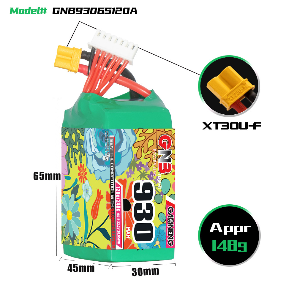 Аккумулятор LiPo GNB 930 мАч, 6S, 22,2 В, 120°C для канальных летательных аппаратов и гоночных дронов FPV GNB9306S120A - Image 2