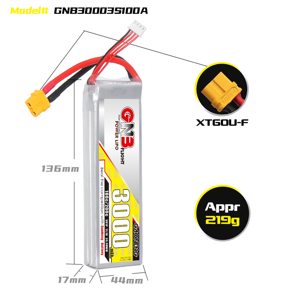 Акумулятор LiPo GNB 3000 мА·год, 3S, 11,1 В, 100C для моделей RC, літаків та дронів FPV GAONENG - Image 2
