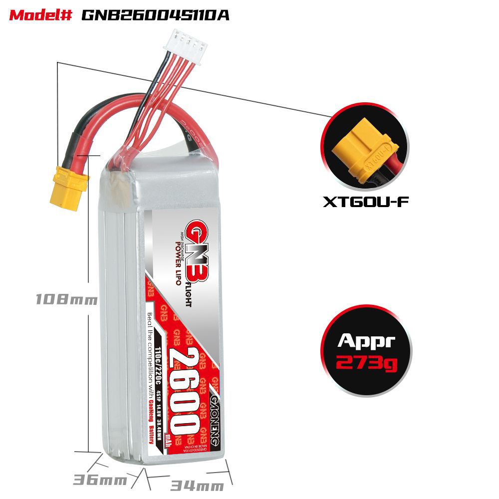 Літій-іонна акумуляторна батарея GNB High Energy 2600 мА·год, 4S, 14,8 В, 110°C для FPV-моделей з твердим крилом - Image 2