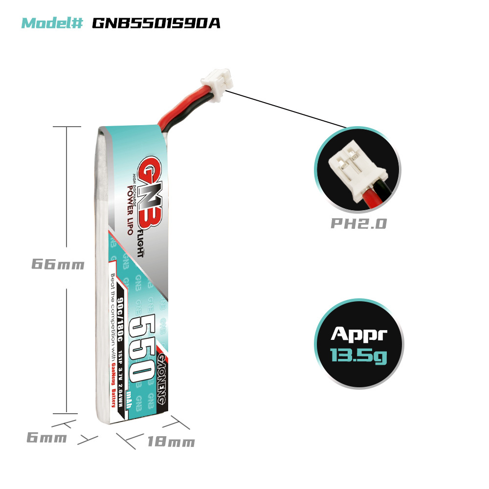 GNB High Energy 550mAh 1S 37V 90C LiPo Battery for Mini FPV Drone GNB5501S90A Custom Plug - Image 2