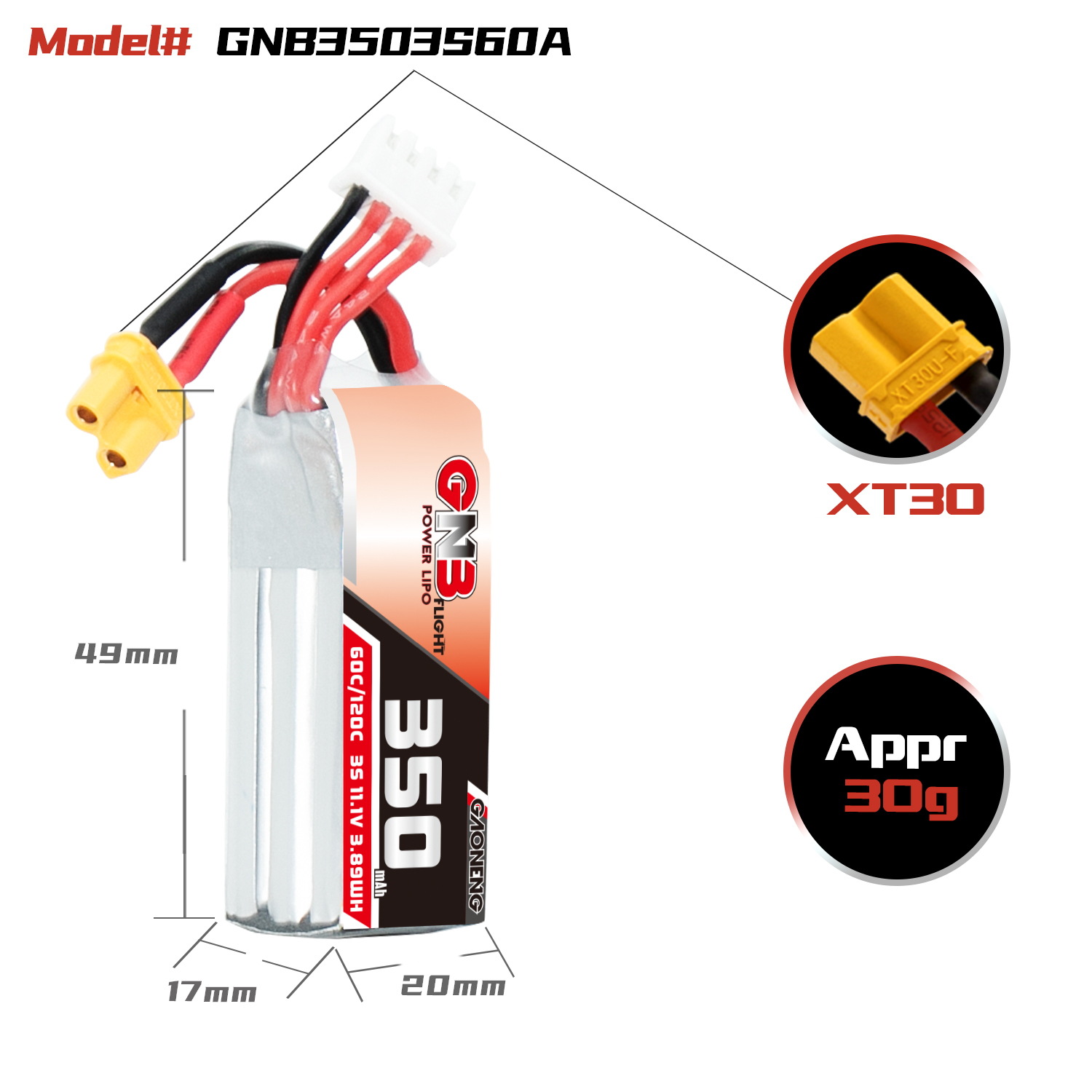 GNB High Energy 350mAh 3S 11.1V 60C FPV Lipo Battery for Brushless Drones - Image 2