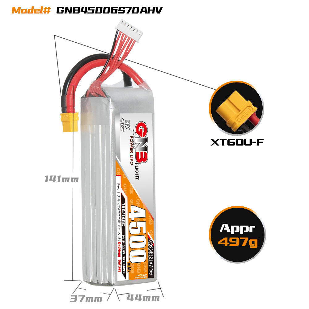 GNB High Energy 4500mAh 6S 22.8V 70C HV LiPo Battery for RC Car Fixed Wing Model Aircraft - Image 2