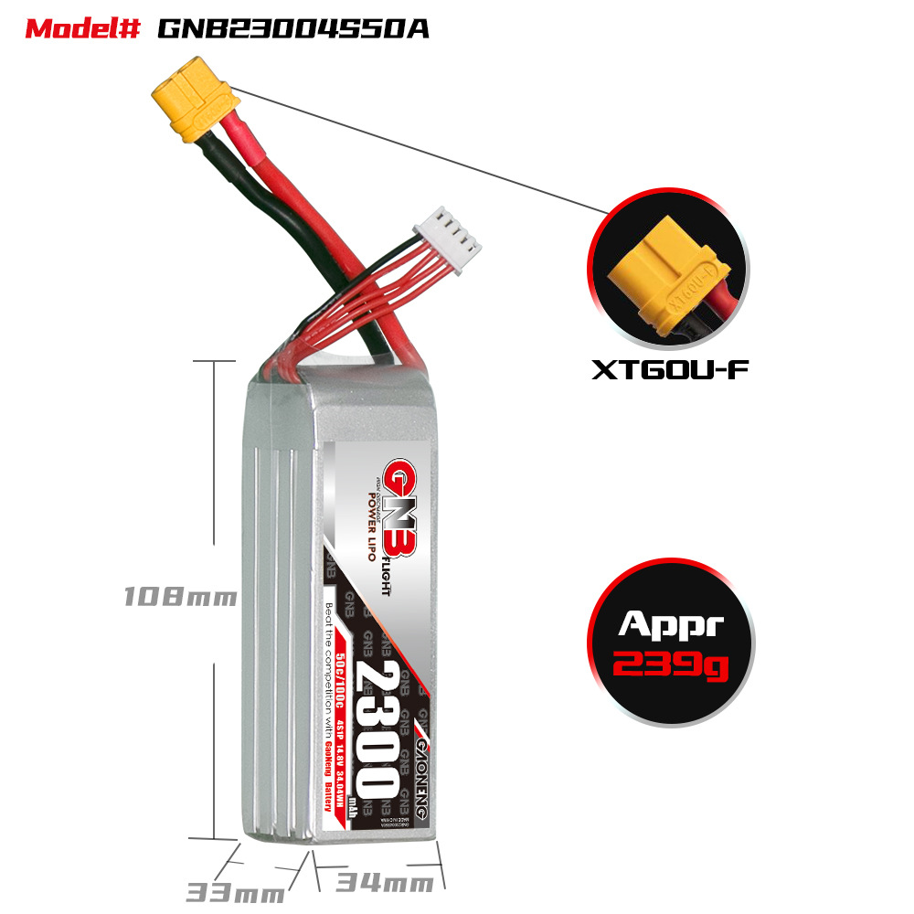 Литий-ионная аккумуляторная батарея GNB High Energy 2300 мАч, 4S, 14,8 В, 50 C для моделей самолетов и игрушечных автомобилей - Image 2