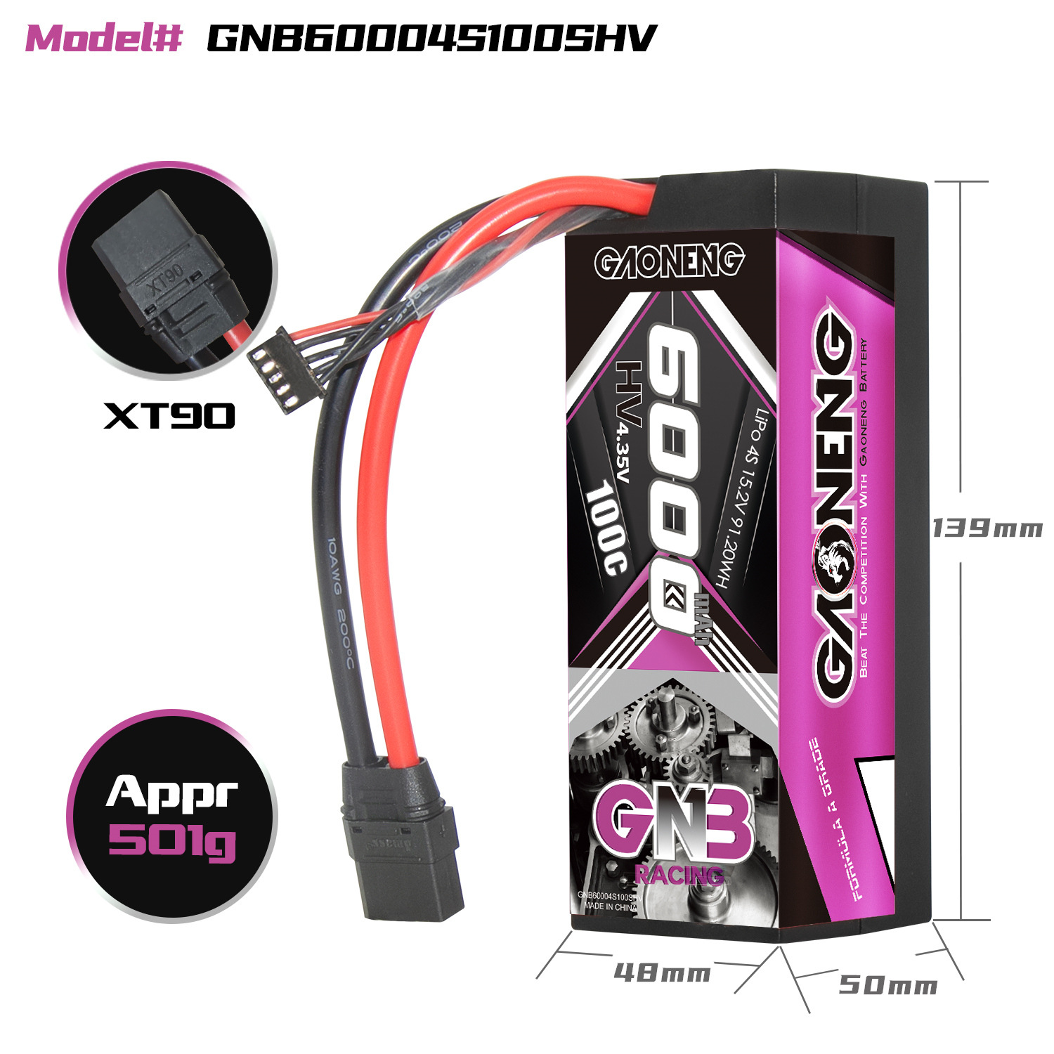 GNB Hochleistungs-Akku mit 6000 mAh, 4S, 15,2 V und 100 C für 1/8 RC-Modelle - Image 2