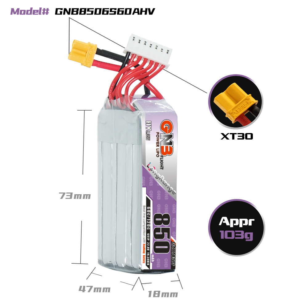 GNB Hochleistungs-Akku mit 850 mAh, 6S, 22,8 V und 60 C für FPV-Drohnen GNB8506S60AHV - Image 2
