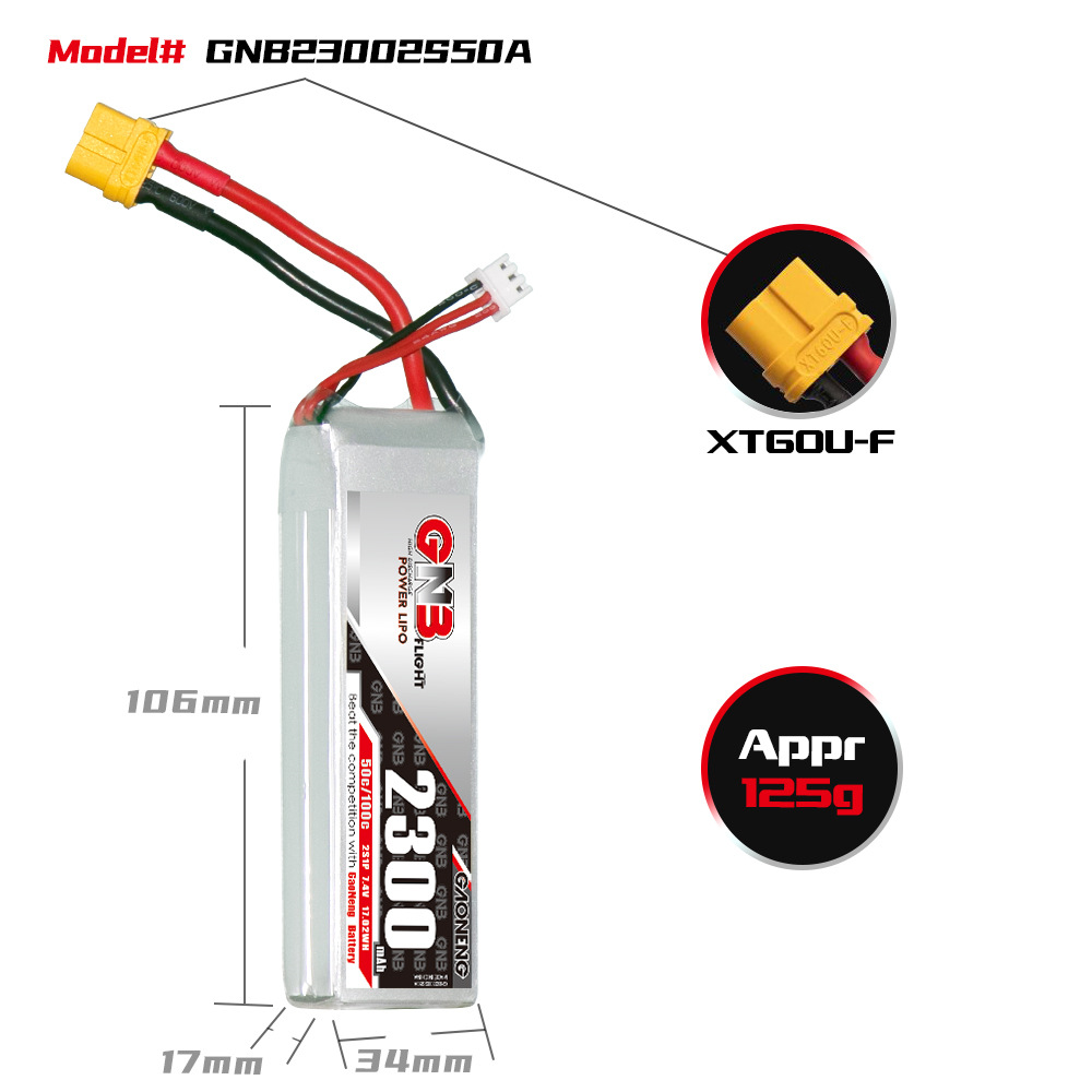 GNB Hochleistungs-Lipo-Akku mit 2300 mAh, 2S, 7,4 V und 50 C für FPV-Drohnen, RC-Autos und Modellboote - Image 2