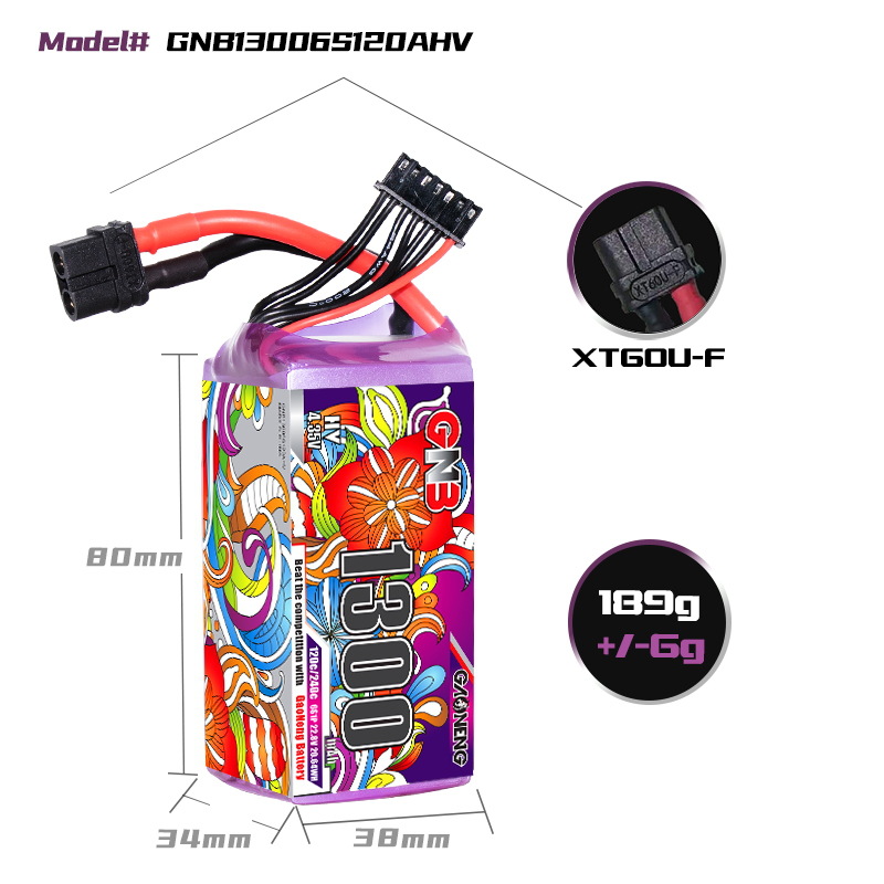 GNB 1300mAh 6S 22.8V 120C High Energy HV LiPo Battery for FPV Racing Drone - Image 2