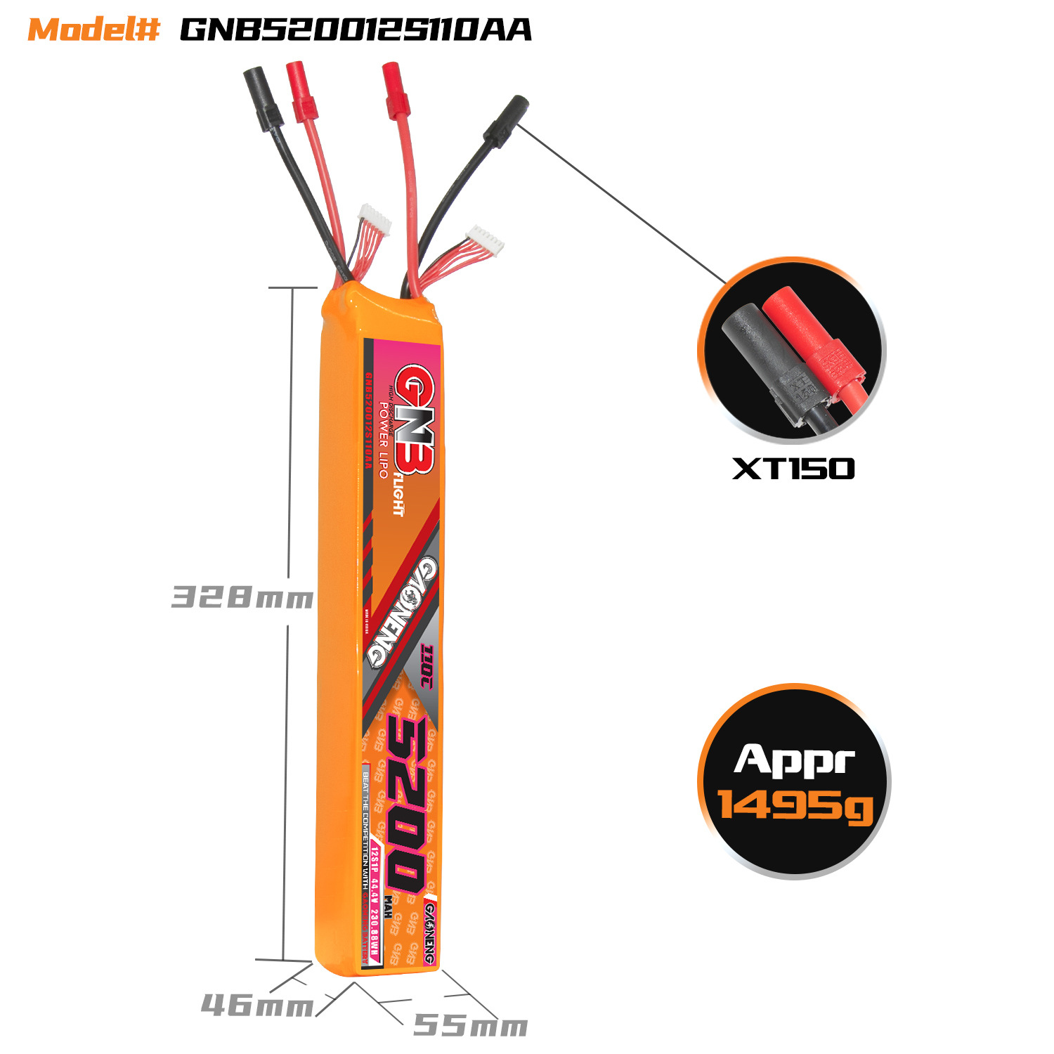 GNB High Energy 5200mAh 12S 44.4V 110C LiPo Battery for 600-700 Grade RC Helicopter GNB520012S110AA - Image 2