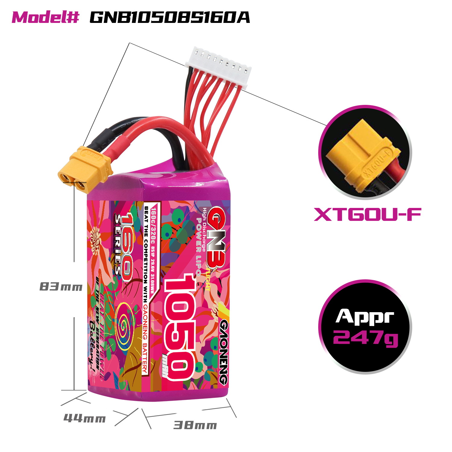 GNB High Energy 1050mAh 8S 29.6V 160°C LiPo-Akku für UAV und FPV – Modell GNB10508S160A - Image 2