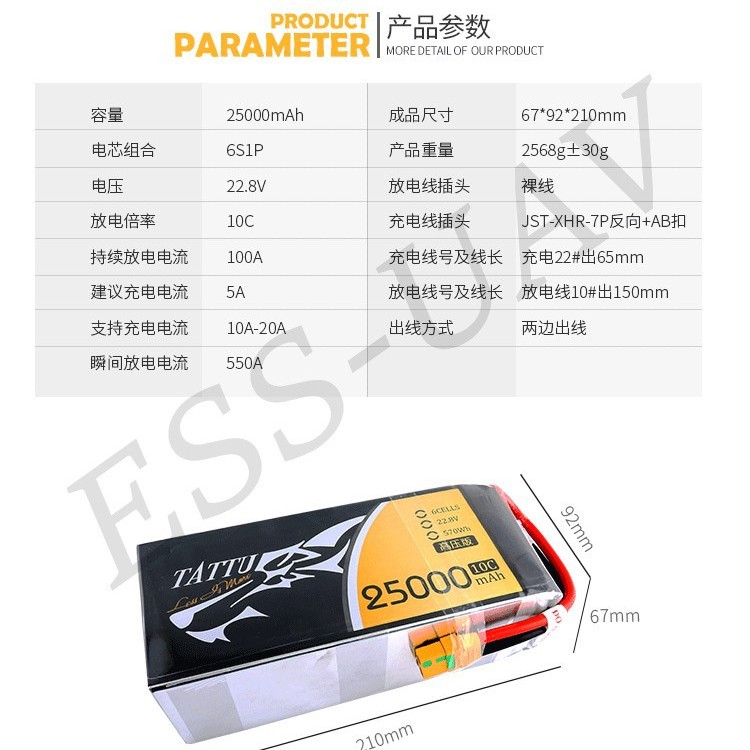 Grignard Ace Tattu Hochspannungs-LiPo-Akku mit 25000 mAh, 10C, 6S1P und 22,8 V für Pflanzenschutz, Vermessung und Kartierung - Image 3