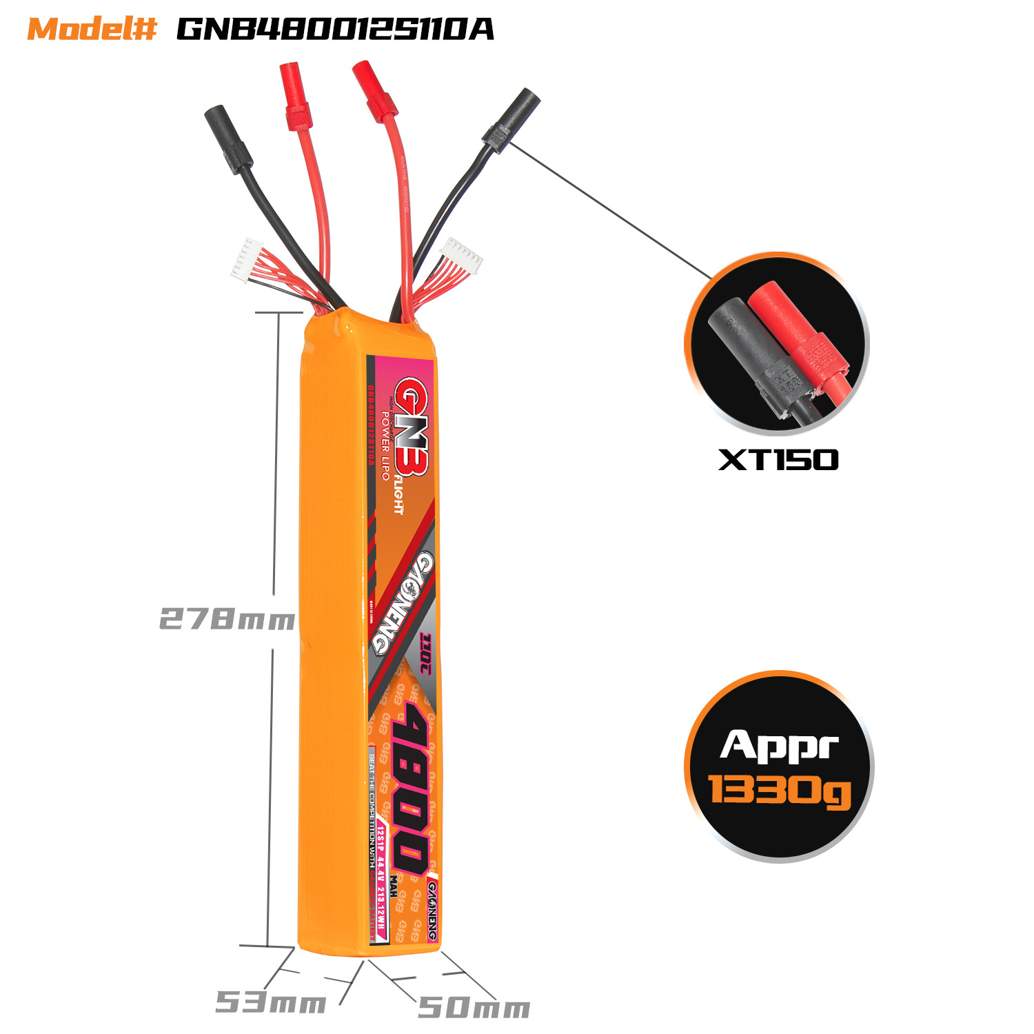 GNB High Energy 4800mAh 12S 44.4V 110C LiPo-Akku für elektrische Hubschrauber der Klasse 600–700 – Modell GNB480012S110A - Image 2