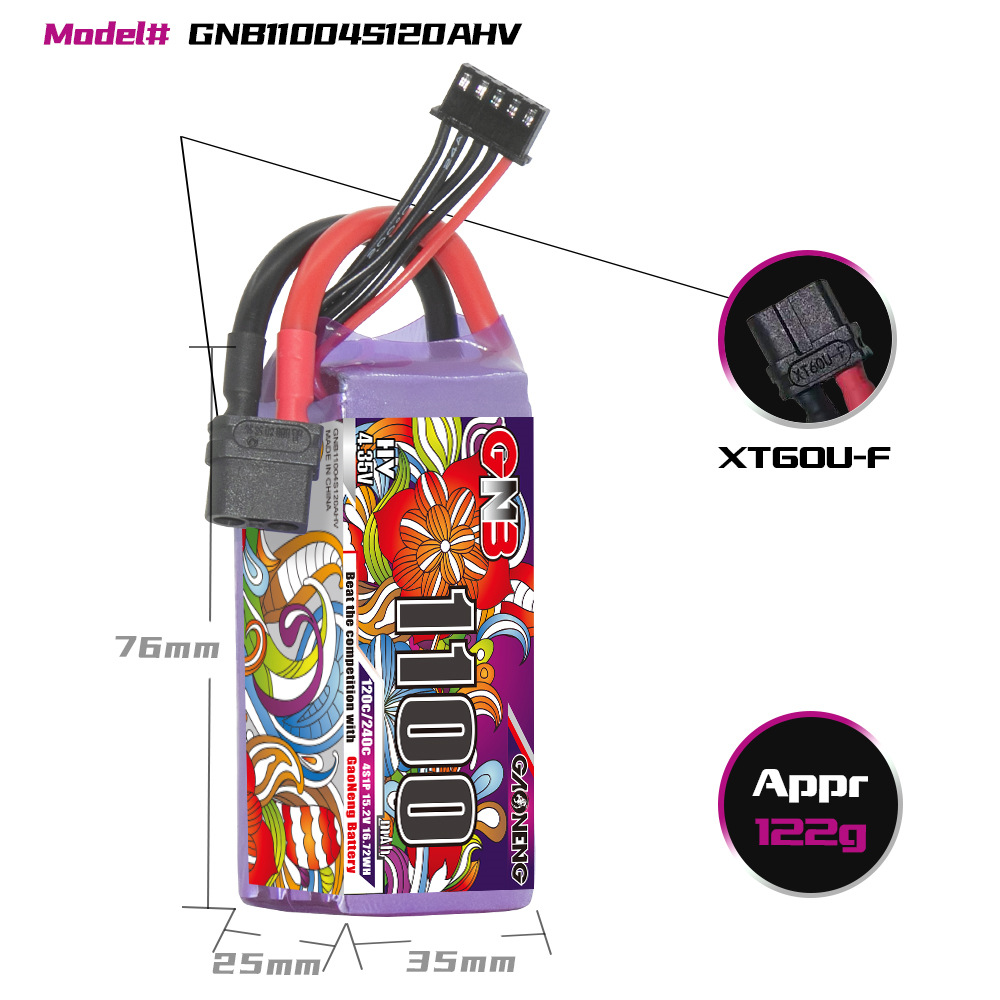 GNB High Energy 1100mAh 4S 15.2V 120C HV LiPo Battery for FPV Racing Drone - Image 2