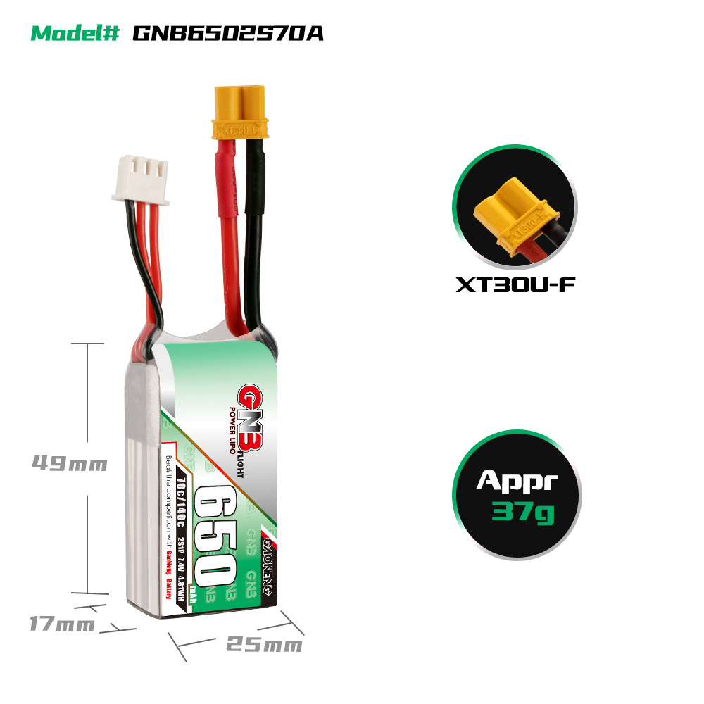GNB High Energy 650mAh 2S 7.4V 70C Lithium Battery for FPV Drone RC Models GAONENG - Image 2