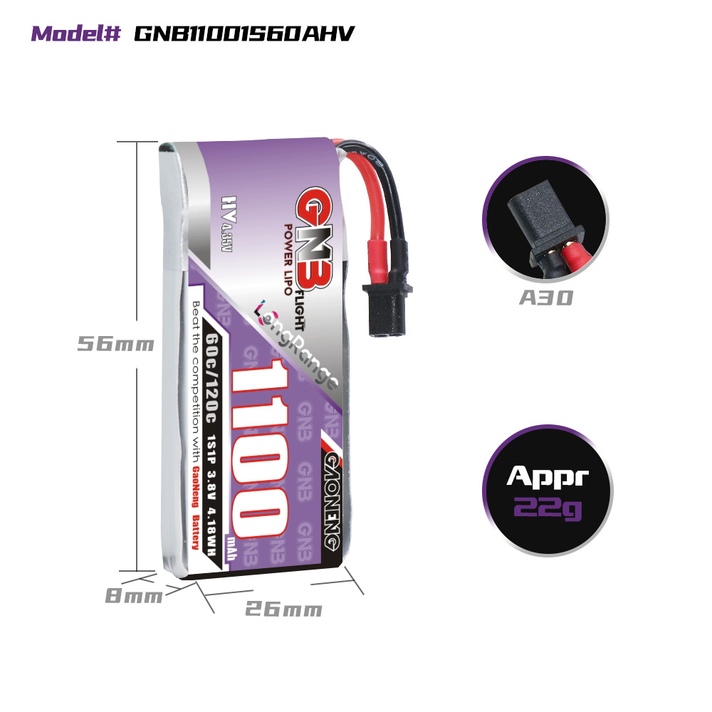 GNB 1100mAh 1S 3.8V 60C HV LiPo Battery for Indoor Traversing Drone A30 Interface - Image 2