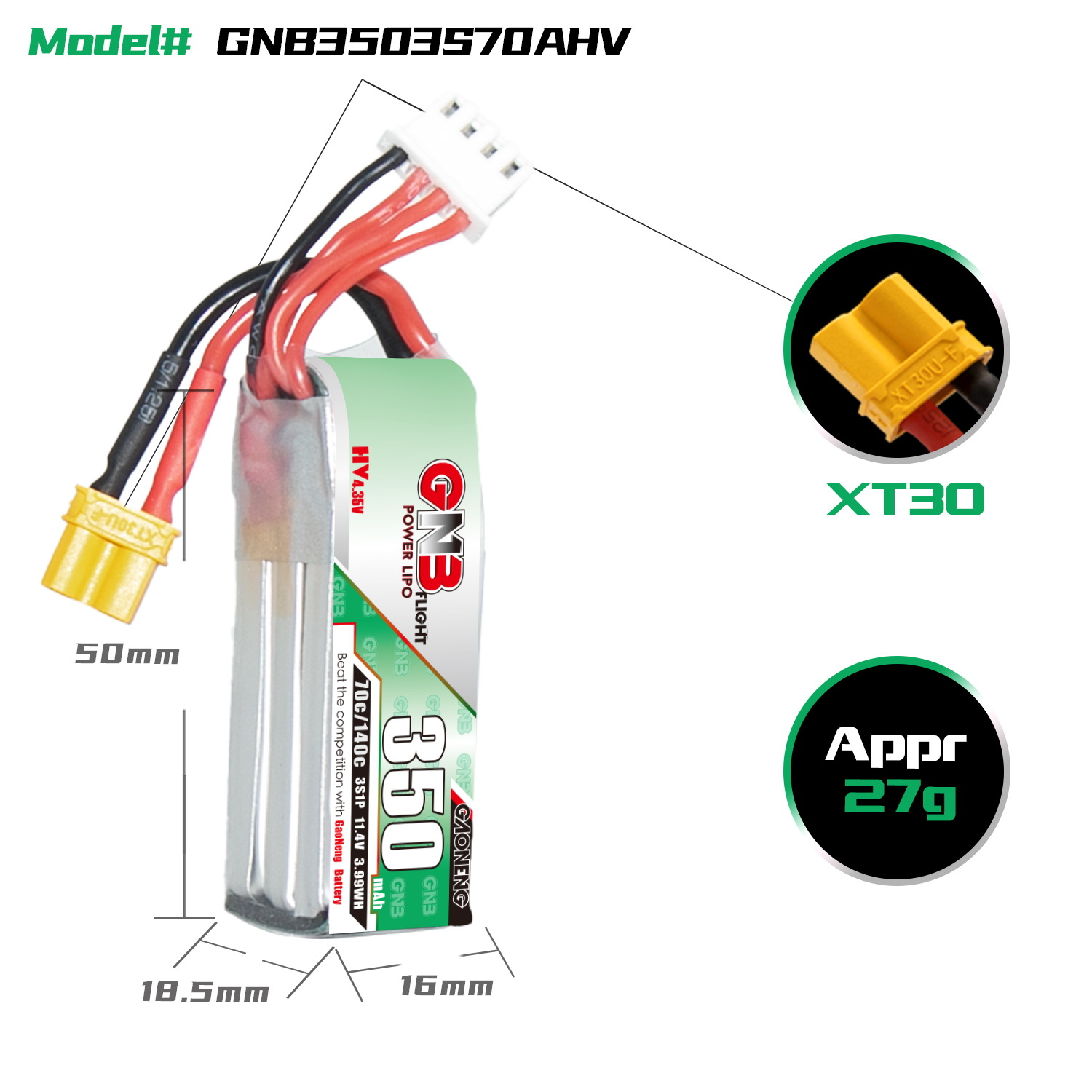 GNB High Energy 350mAh 3S 11 4V 70C HV Lipo Battery for FPV Drone RC Models - Image 2