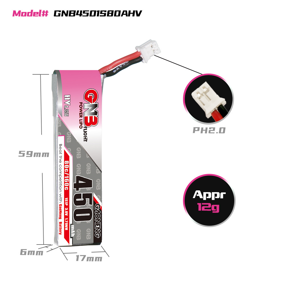 Gnb High Energy 450mAh 1S 3.8V 80C HV Lipo Battery for Tinyhawk S II Indoor XING - Image 2