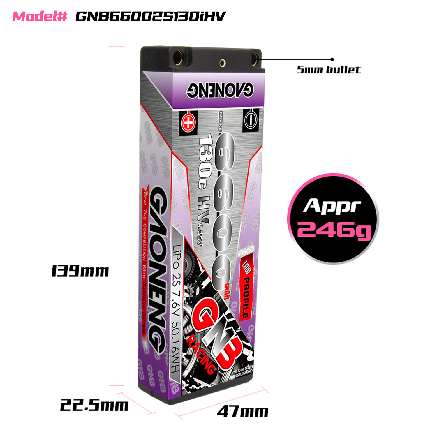 GNB High Energy 6600 mAh 2S 7,6 V 130°C LiPoHV-Akku für 1/10 RC-Rennwagen - Image 2