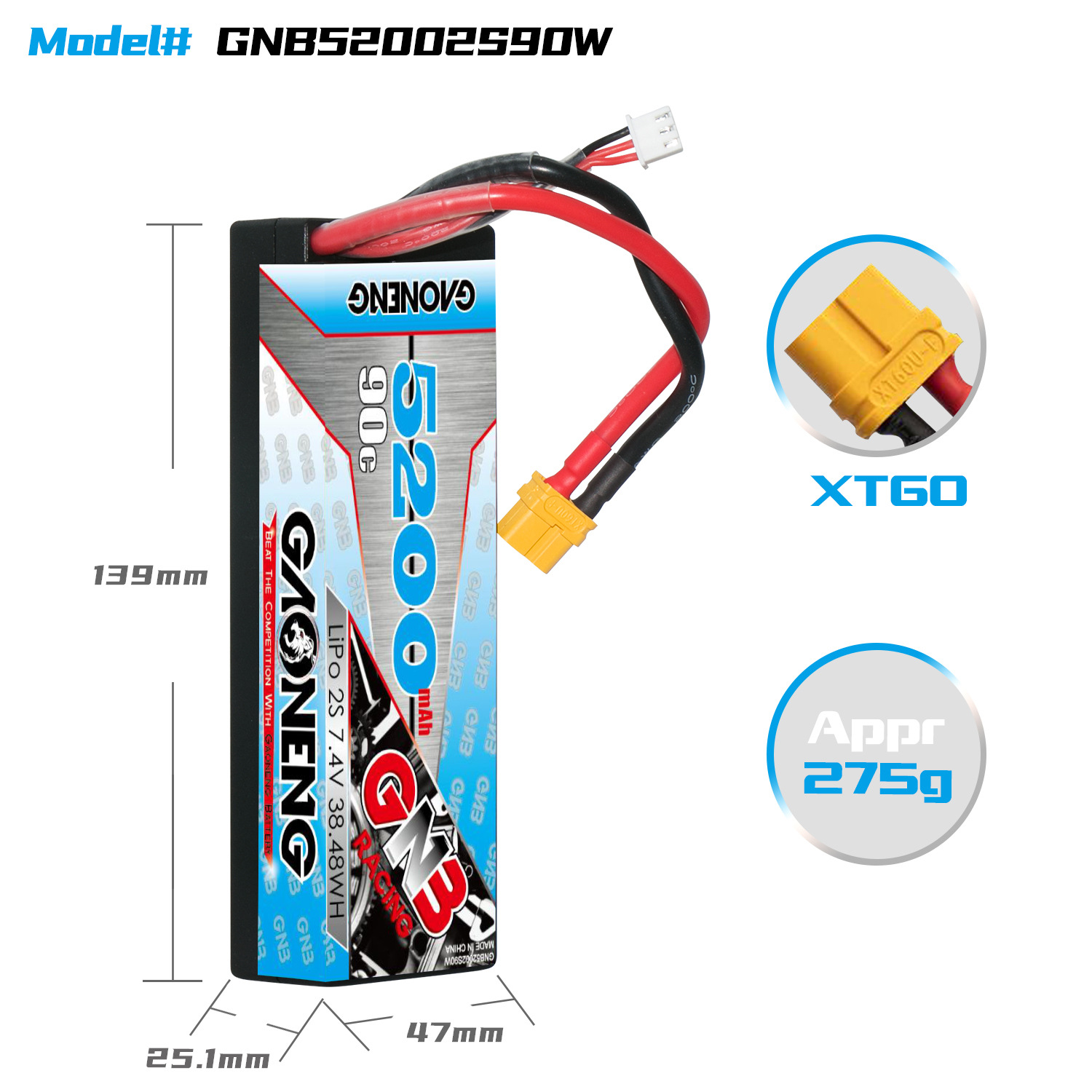 GNB Hochleistungs-LiPo-Akku mit 5200 mAh, 2S, 7,4 V und 90 C – ideal für RC-Modelle im Maßstab 1/10 - Image 2