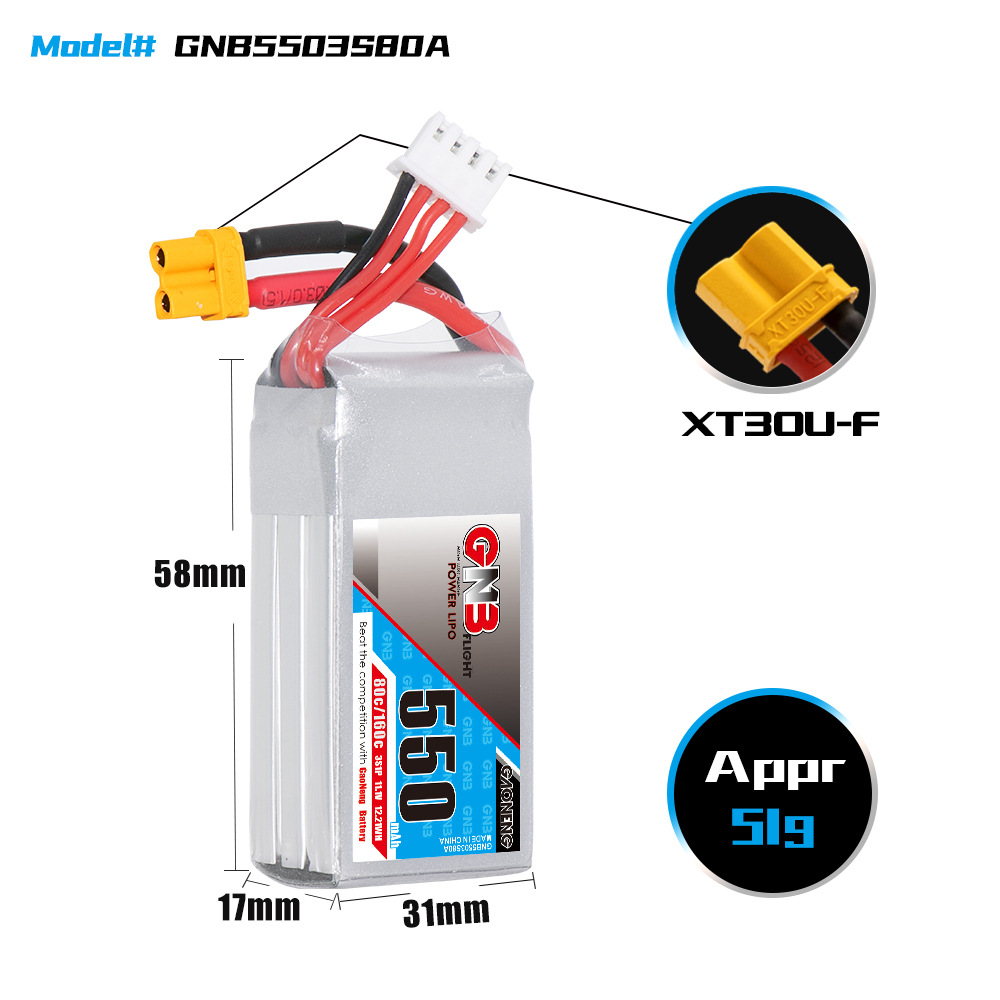 LiPo-аккумулятор GNB 550 мАч, 3S, 11,1 В, 80 C для гоночных квадрокоптеров FPV и моделей самолетов GNB5503S80A - Image 2