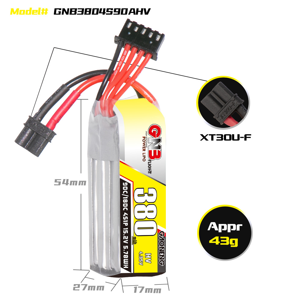 GNB High Energy 380mAh 4S 152V 90C HV Lipo Battery for FPV Drone RC Aircraft Model - Image 2