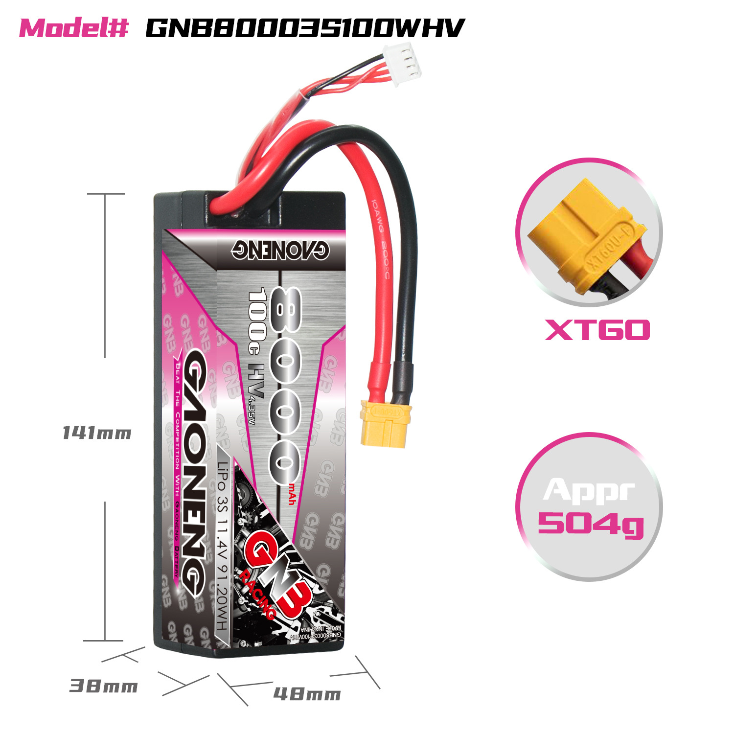 GNB High Energy 8000mAh 3S 11.4V 100C HV LiPo-Akku für 1/10 RC-Rennmodelle - Image 2