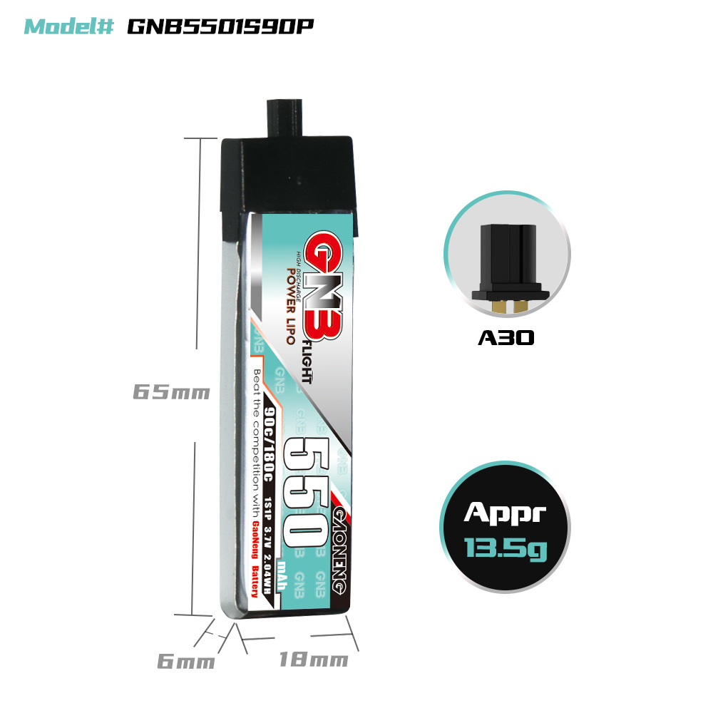 High Energy 550mAh 1S 3.7V 90C A30 Lipo Battery for Indoor FPV Drones 6 Pack GNB5501S90P - Image 2