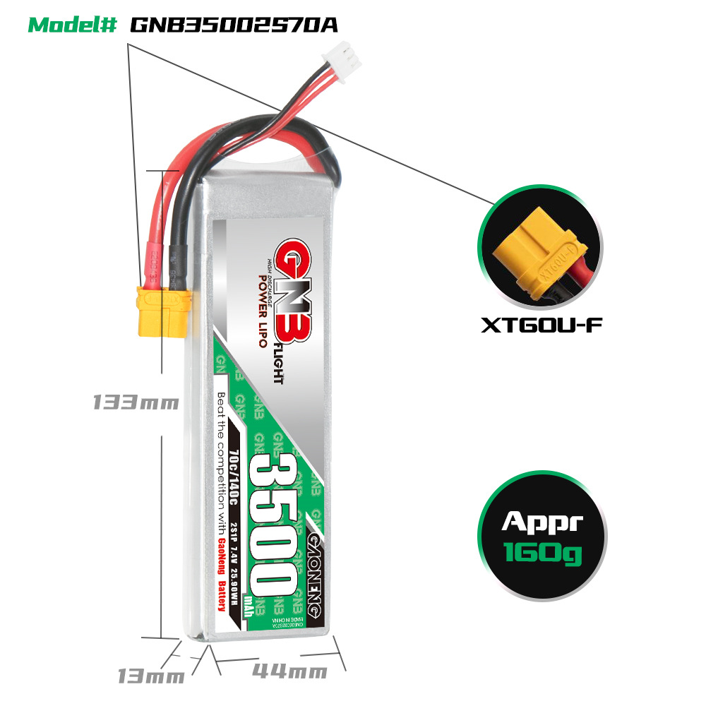 GNB Hochleistungs-LiPo-Akku mit 3500 mAh, 2S, 7,4 V und 70 C für RC-Autos, Modellschiffe und Hubschrauber - Image 2