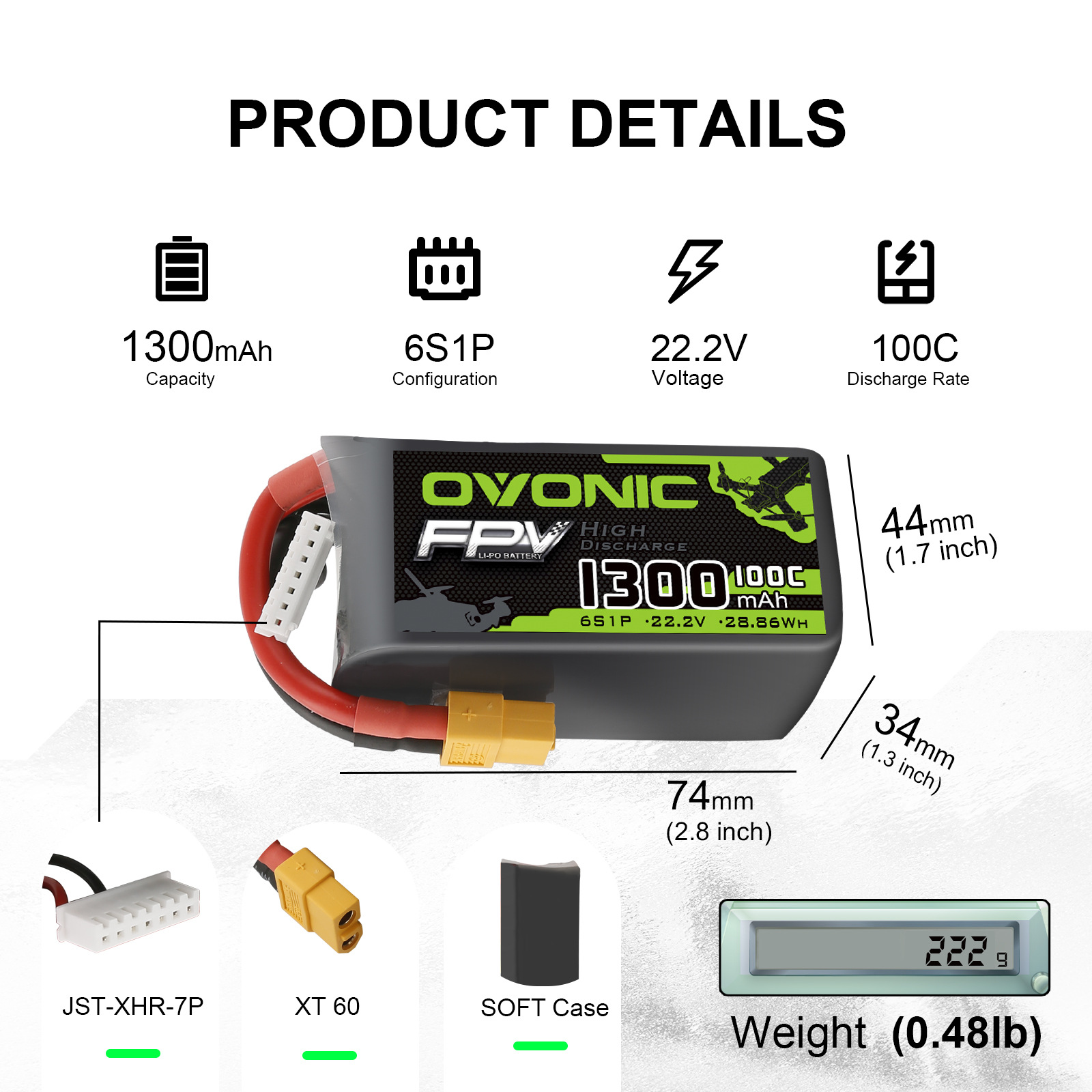 بطارية ليثيوم بوليمر Ovonic سعة 1300-2200 مللي أمبير/ساعة، 100 سي، 6 خلايا، 22.2 فولت، لمركبات الطيران بدون طيار XT60 - Image 2