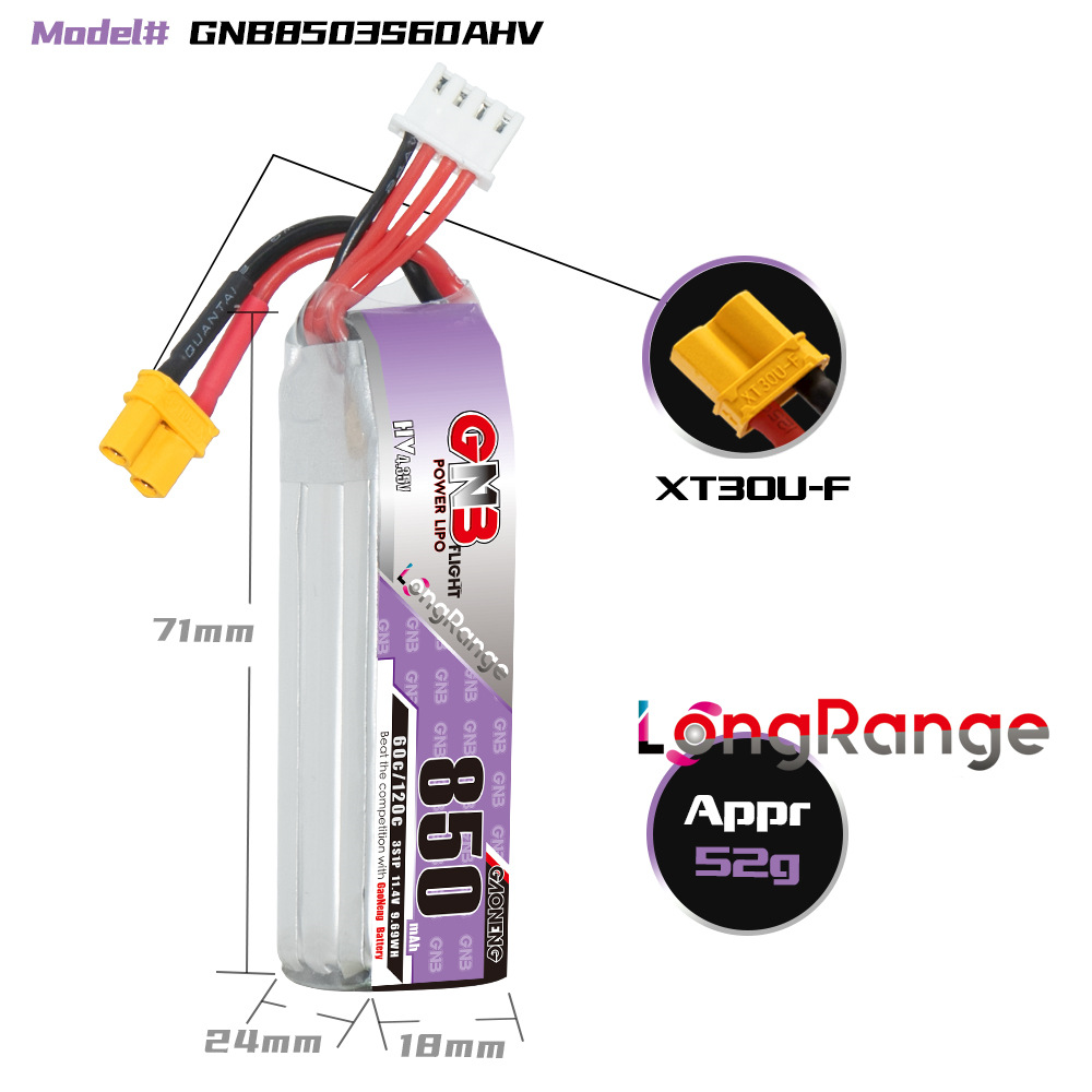 GNB 850mAh 3S 114V 60C HV LiPo Battery for FPV Drone GAONENG - Image 2
