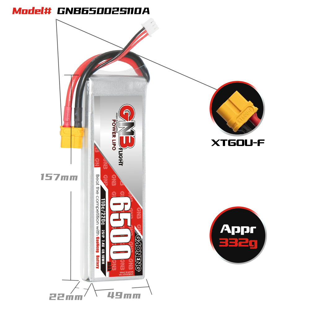 LiPo-аккумулятор GNB High Energy 6500 мАч, 2S, 7,4 В, 110°C для квадрокоптеров и радиоуправляемых автомобилей GNB65002S110A - Image 2