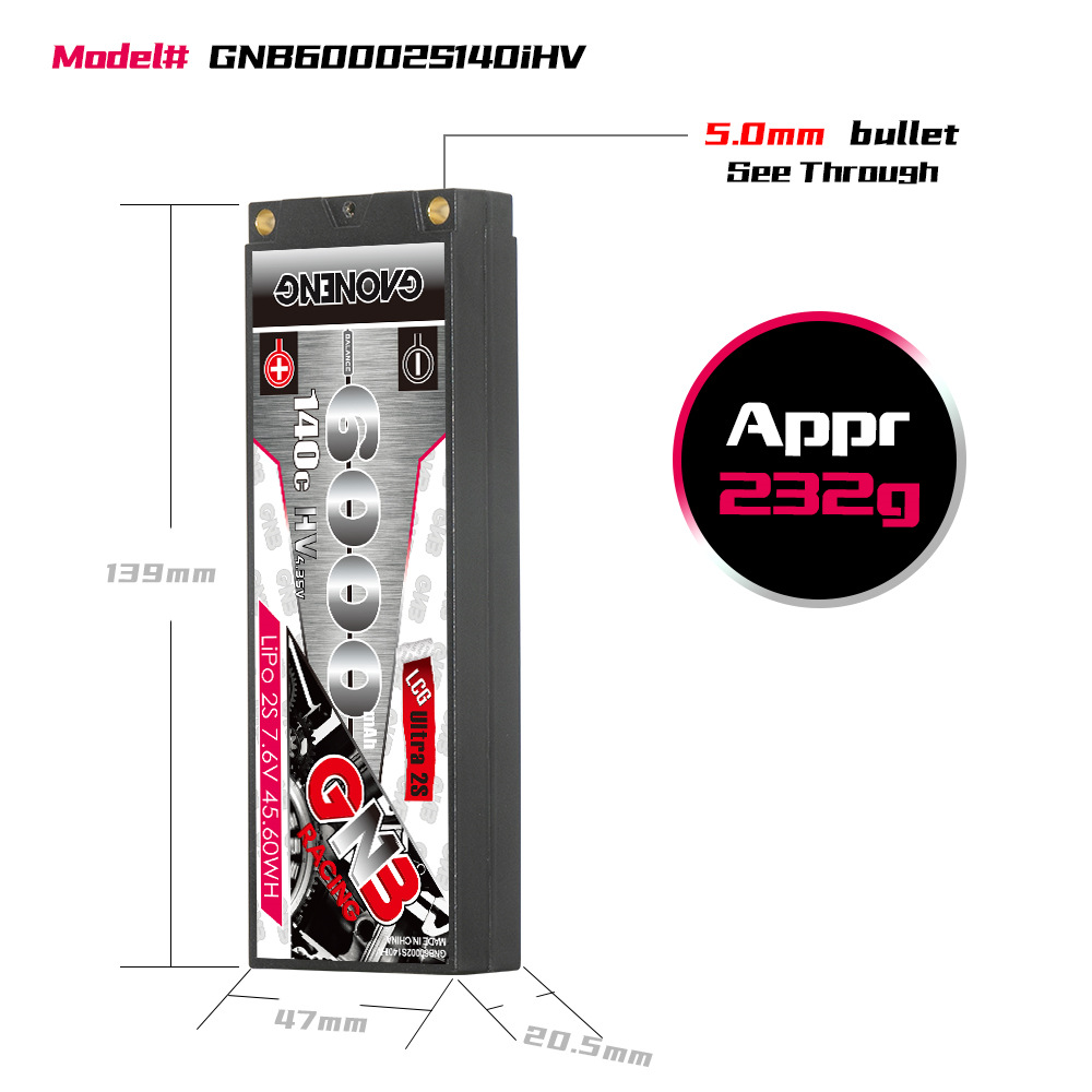 GNB High Energy 6000mAh 2S 7,6V 140°C LCG HV Lithium-Batterie mit Hartschale für 1/10 RC-Rennwagen - Image 2