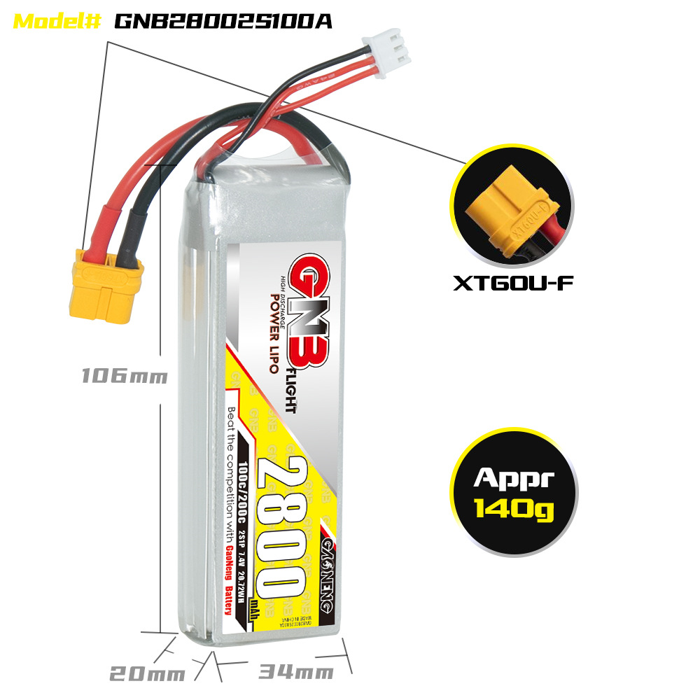 Литий-полимерный аккумулятор GNB High Energy емкостью 2800 мАч, 2S, 7,4 В, 100 C для моделей самолетов, автомобилей и кораблей - Image 2