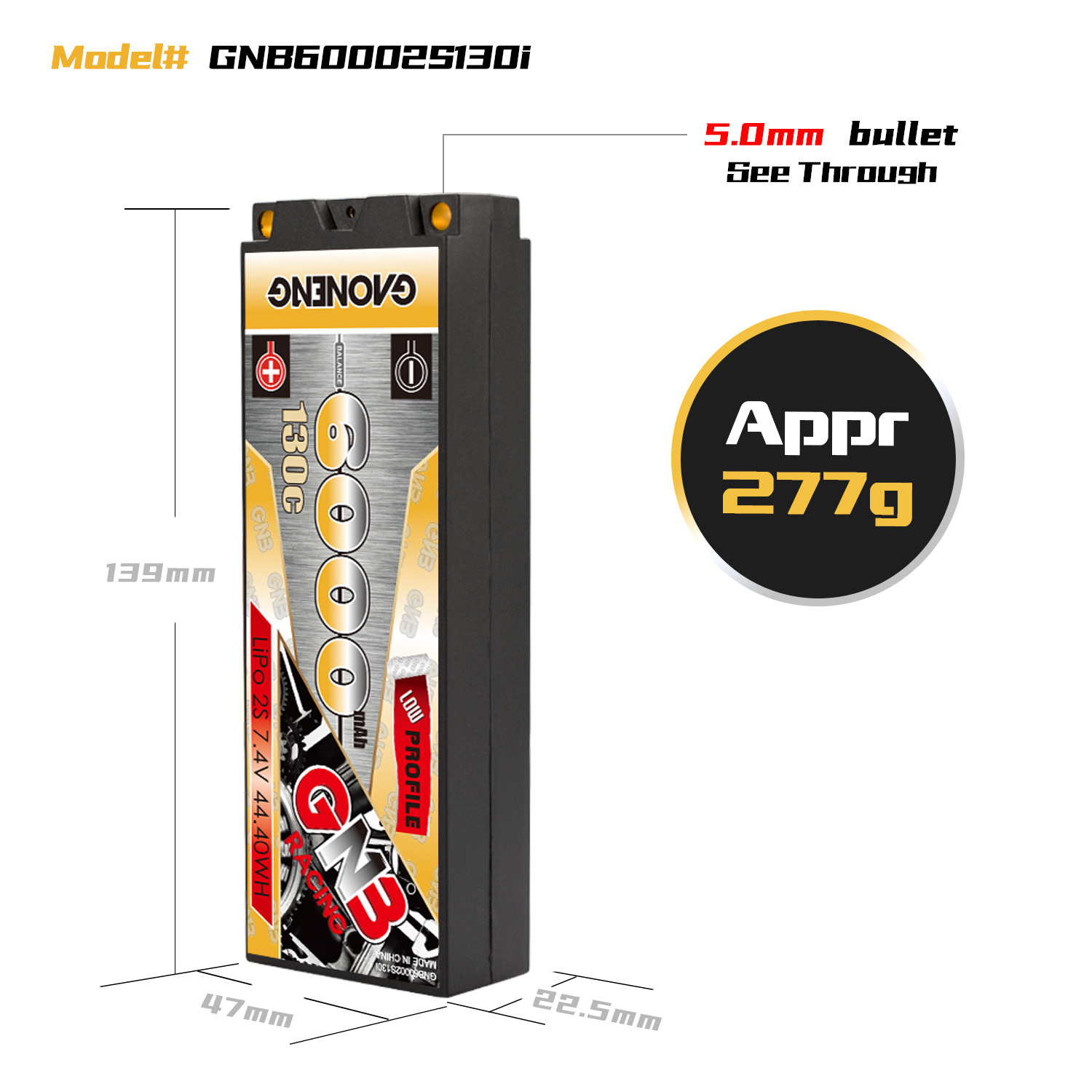 GNB High Energy 6000mAh 2S 7,4V 130C LCG Lithium-Akku für 1:10 RC-Autos und Panzer GNB60002S130i - Image 2