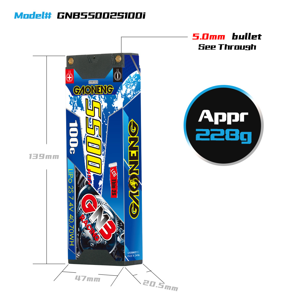 GNB High Energy 5500 mAh 2S 7,4 V 100 C LCG Hardcase LiPo-Akku für 1/10 RC-Rennwagen - Image 2
