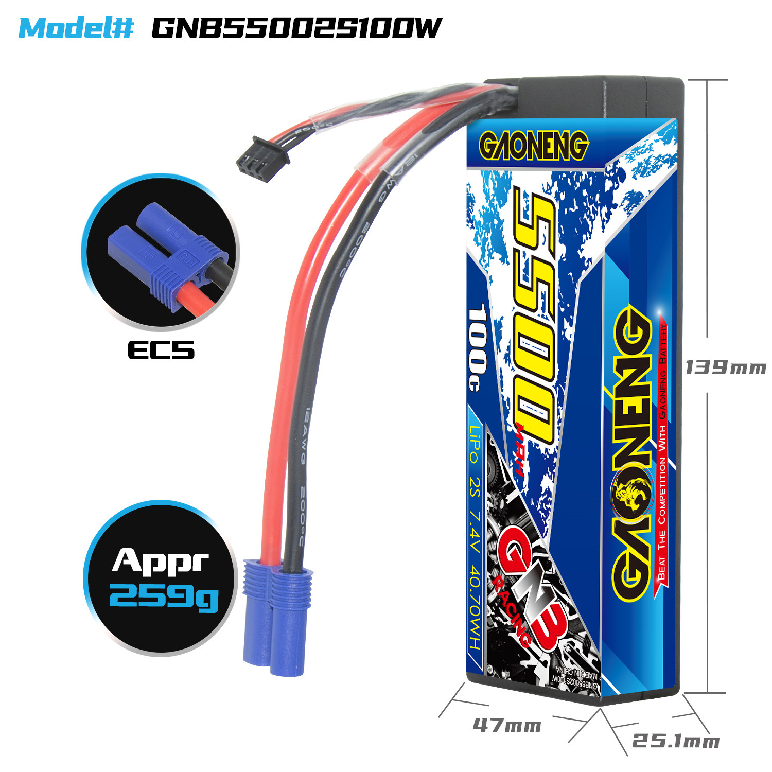 GNB High Energy 5500mAh 2S 7,4V 100C RC-Hartschalen-LiPo-Akku für 1/10-Modellrennwagen - Image 2