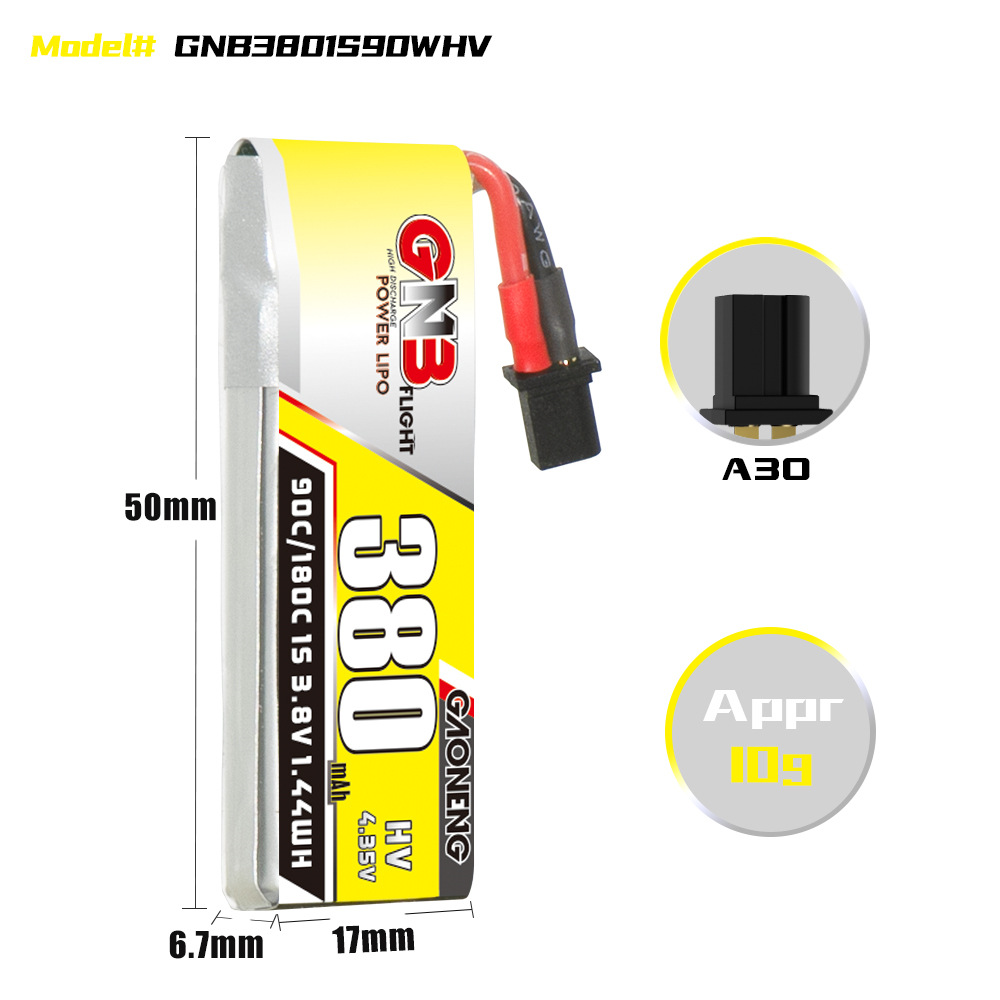 GNB High Energy 380 mAh 1S 3,8 V 90°C HV A30-Stecker-LiPo-Akku für Indoor-FPV-Drohnen - Image 2