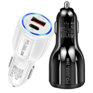New Cross-Border PD QC30 Super Fast Charging Car Charger Type C Dual USB Luminous Car Charger